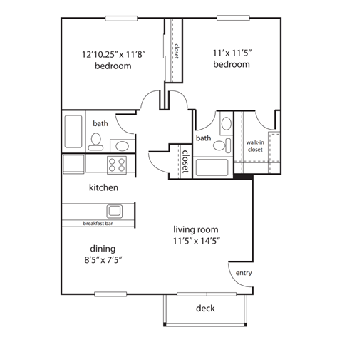 Floor plan for 2 beds, 2 baths, 900 sqft